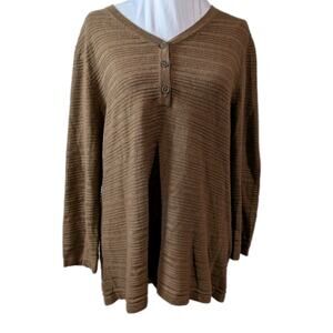Chico's Shirt Henley Brown Textured Top Brown Size Large 2 Minimalist V-neck